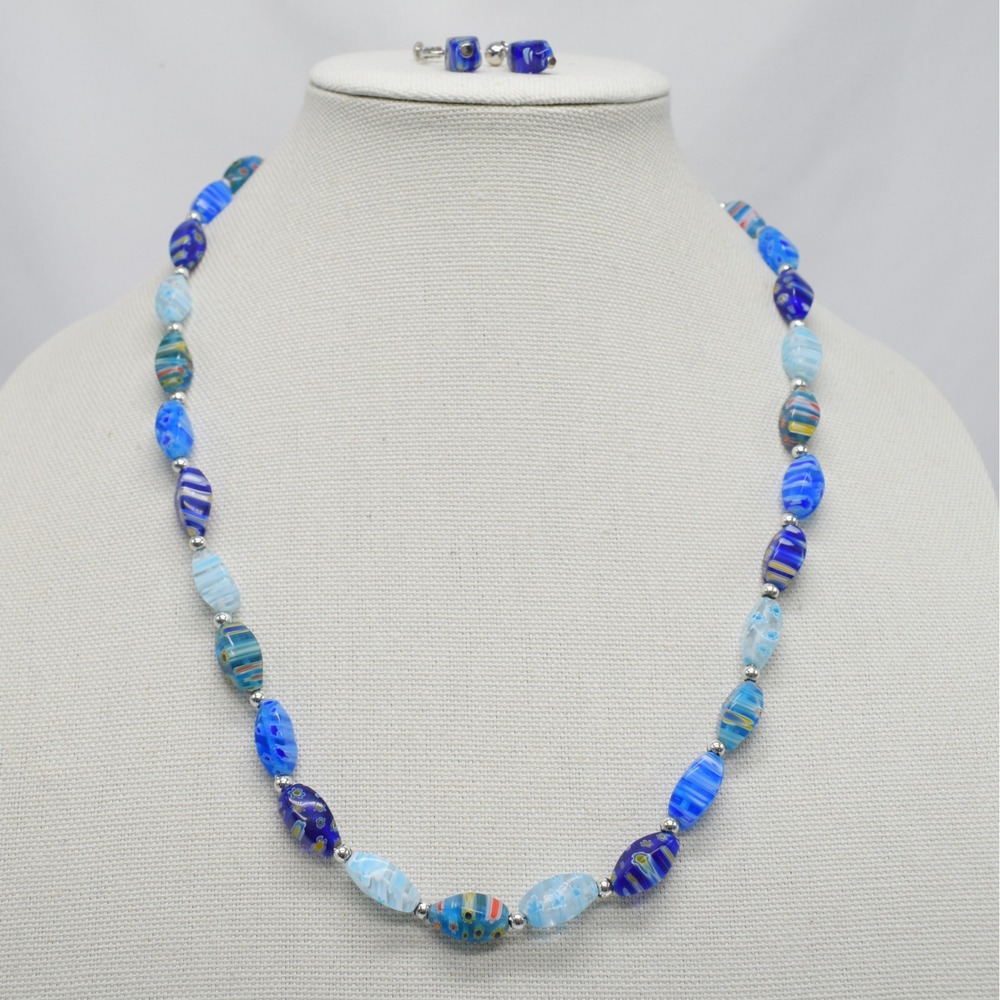 Millefiori Glass Jewelry Set Blue Flower Beaded Necklace Clip On Earrings Boho